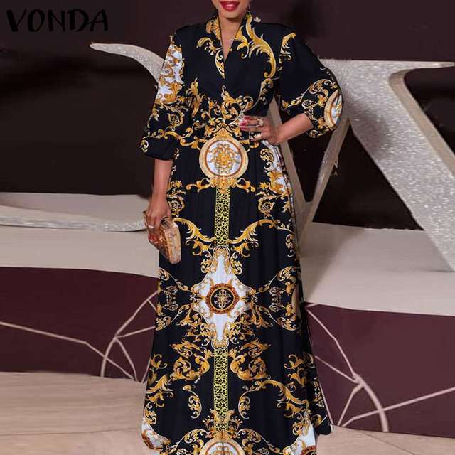 VONDA 2021 - Kobieca długa sukienka z nadrukiem vintage, plisowana, w stylu casual, idealna na lato i plażę - tanie ubrania i akcesoria