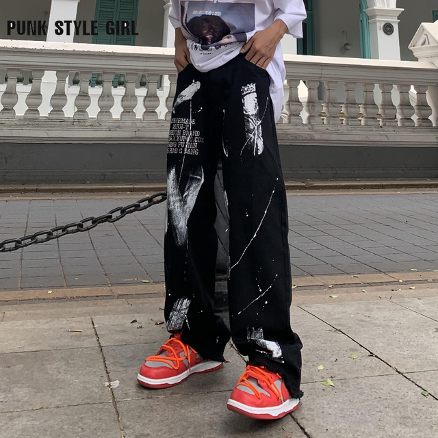 Dżinsy damskie z prostym graffiti: Grunge Kpop, Hip Hop, Harajuku – luźne spodnie Ropa Fairycore, Emo, Alt Punk - tanie ubrania i akcesoria