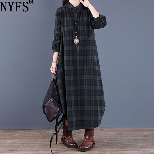 Długa sukienka w stylu Vintage NYFS 2021 - luźna, bawełniana vestidos szata d ete femme literacka chusta kobieca - tanie ubrania i akcesoria