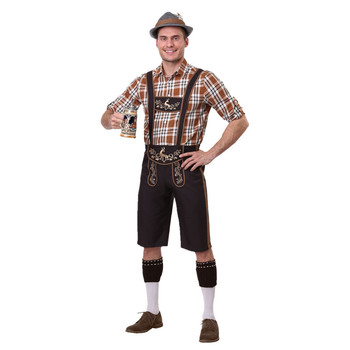 Gorący mężczyzna w kostiumie narodowej koszuli w kratę Lederhosen Oktoberfest - strój Cosplay na karnawał, Halloween i inne imprezy
