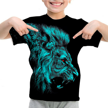 Dziecięca koszulka 3D z motywem lwa - fajne szorty rękaw, casualowy top dla chłopców, wilk i tygrys na koszulce, letnia odzież dziecięca top