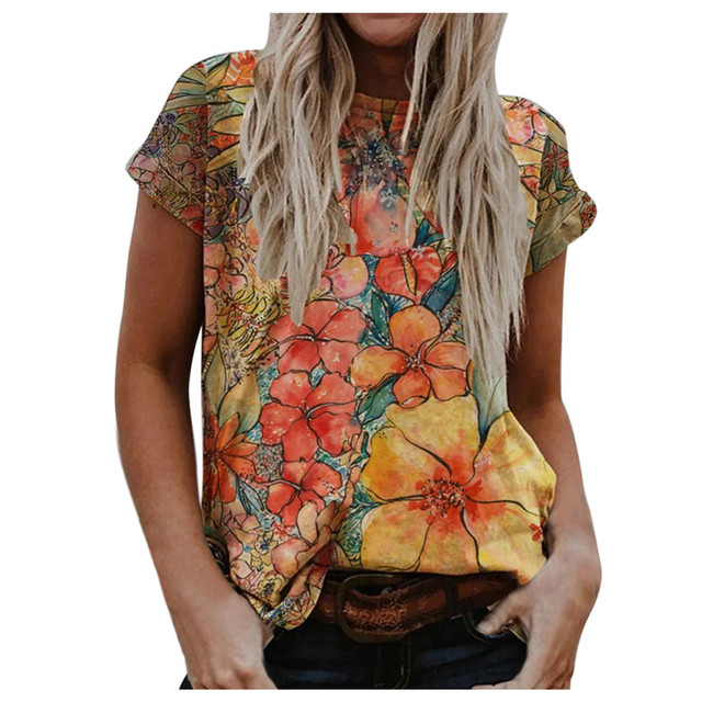 Koszulka damska z kwiatowym nadrukiem – letnia nowość 2021 r. o luźnym fasonie, krótkim rękawie i okrągłym dekolcie, rozmiary S-2XL+ - tanie ubrania i akcesoria