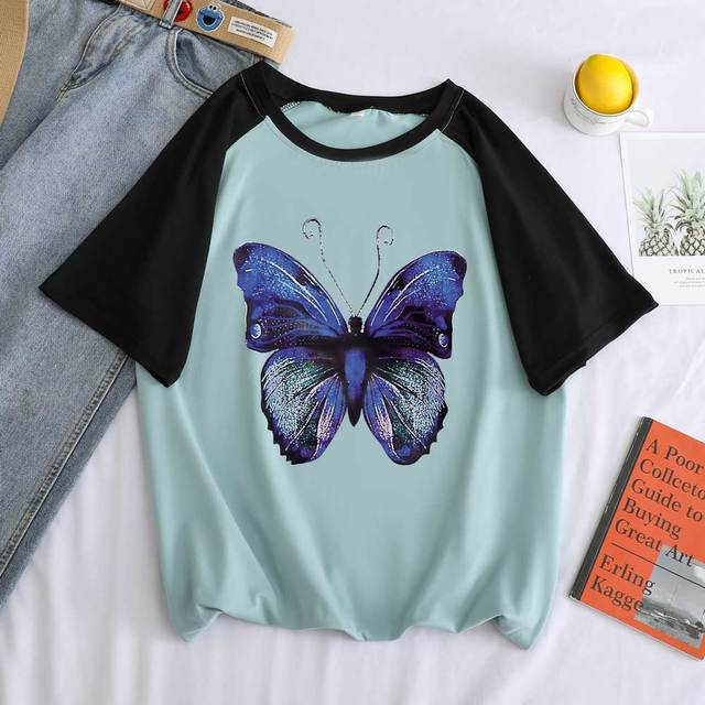 Koszulka damska z nadrukiem topowym w stylu koreańskiej mody - Lato kobiet - Zwierzaki, kwiaty i motyle - Kolorowe połączenie - Casual trendy - Wygodny i modny sweter - tanie ubrania i akcesoria