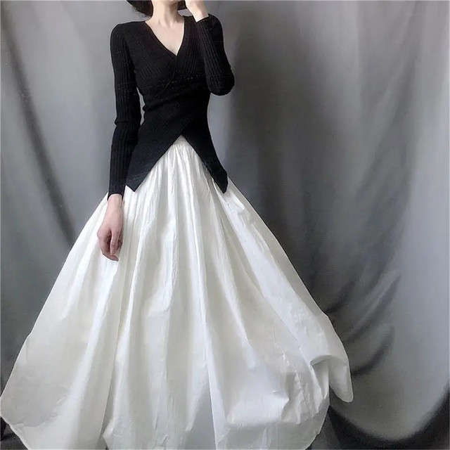 Biała spódnica długie kobiety w stylu vintage, jesień 2021, wysoka talia, plisowana, jednolity kolor, trzy czwarte - tanie ubrania i akcesoria