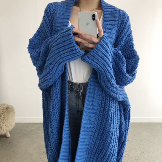 Kardigan dla kobiet - jednolity niebieski sweter z długim rękawem, modne wykończenie koreańskie, gruba kurtka na sezon jesienno-zimowy - tanie ubrania i akcesoria