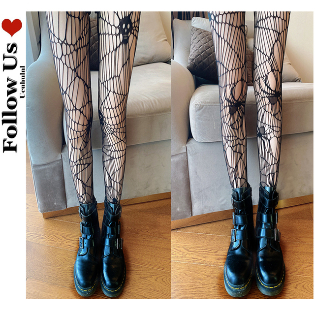Rajstopy Lolita Kawaii Spider Web z siateczką i czaszkami - modny i seksowny wzór Gothic Dark Mesh - tanie ubrania i akcesoria