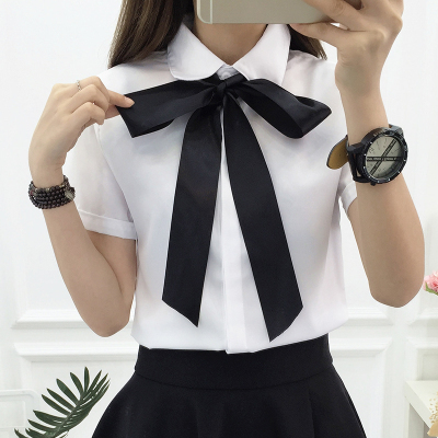 Elegancka biała damska bluzka szyfonowa z kokardą i kołnierzykiem - tanie ubrania i akcesoria