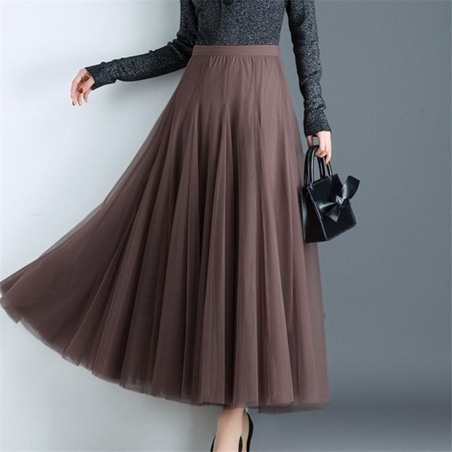 Długa plisowana spódnica damska tiulowa z wysokim stanem, czarna, szara i biała, elastyczna - tanie ubrania i akcesoria
