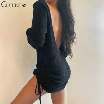 Cutenew Sukienka Damska Jesienią Sexy Backless z Sznurkiem, Halter, Bandaż, Mini, Długie Rękawy