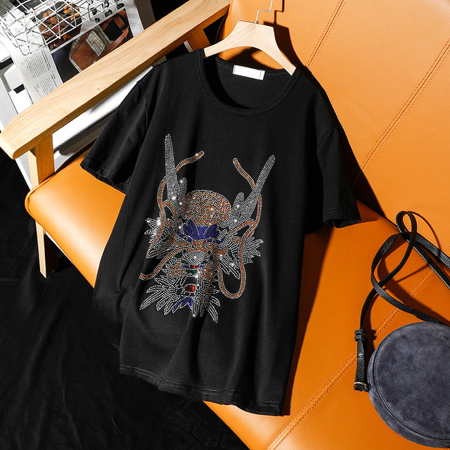 Damska koszulka z krótkim rękawem w modnym wzorze smoka i gorącymi diamentami - tanie ubrania i akcesoria