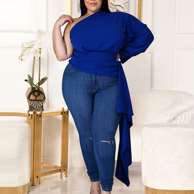 Damska bluzka asymetryczna jedno ramię w rozmiarze 3XL, wysoka talia, streetwear, kolor niebieski/czerwony - tanie ubrania i akcesoria