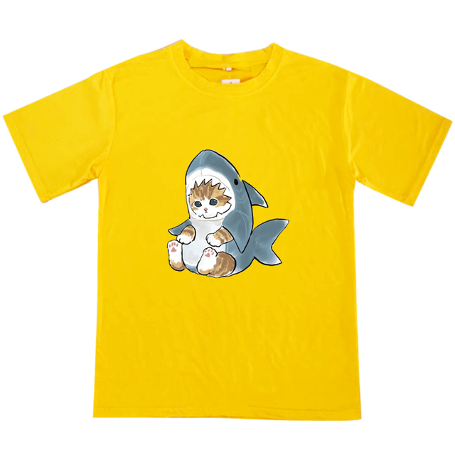 Koszulka damsko-uniseks w kształcie kawaii kota rekina z nadrukiem - Harajuku, styl anime, w drobne grafiki kreskówkowe - tanie ubrania i akcesoria