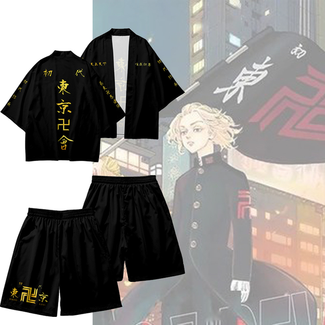 Koszula cosplay z anime Tokyo Revengers - Hanagaki Takemichi i Ken Ryuguji - biały, czarny kimono, krótki rękaw, spodnie streetwear - tanie ubrania i akcesoria