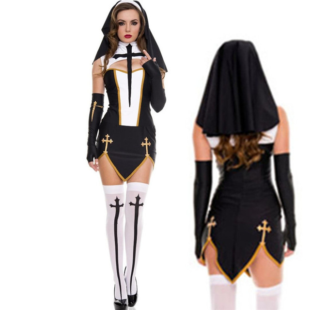 Seksowne zakonnice - kostium dla dorosłych zapewniający wysoką jakość, sukienka cosplay z czarnym kapturem idealna na Halloween i imprezę - tanie ubrania i akcesoria