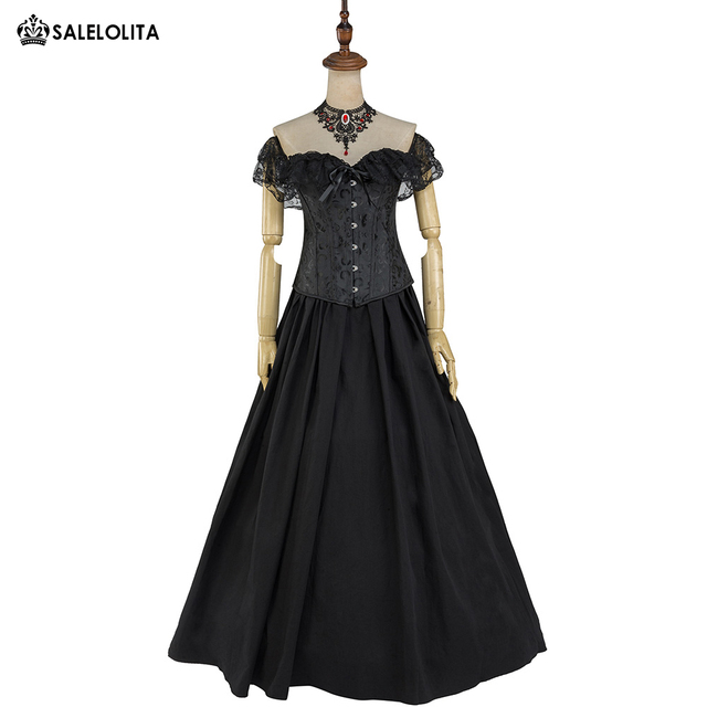 Czarny gotycki gorset steampunk do sukienki w stylu renesansowym - zestaw 2 sztuki - tanie ubrania i akcesoria