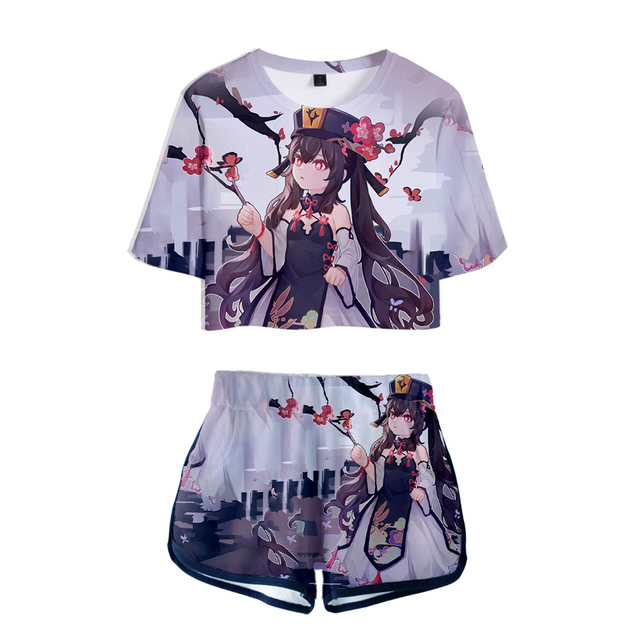 Hu Tao - zestaw koszulka i szorty letnie dla kobiet, wzór Genshin Impact, 3D Print - tanie ubrania i akcesoria