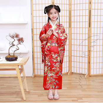 Yukata japońskie narodowe dla młodych dziewcząt - kimono z obi i nadrukiem vintage kwiatowy - odzież sceniczna