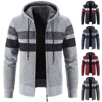 Męski kapturem pluszowy sweter rozpinany - jesień/zima, ocieplany, kontrastowy żakiet