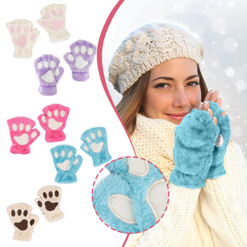 Rękawiczki damskie bez palców z futrzanym motywem kociego łapki - ciepłe, zimowe, słodkie, Cosplay, różowe
