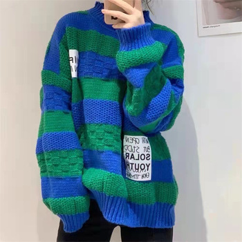 Sweterek damski w paski, gruba wełna, długie rękawy (niebieski i zielony) - nowy, luźny pulower na jesień i zimę