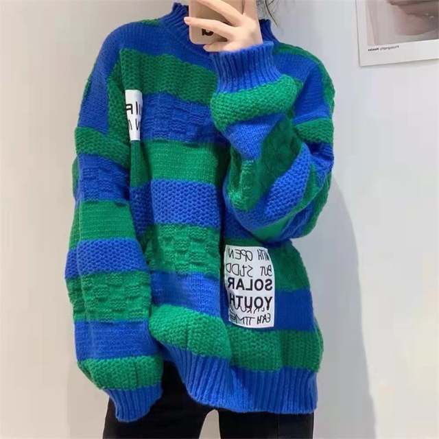Sweterek damski w paski, gruba wełna, długie rękawy (niebieski i zielony) - nowy, luźny pulower na jesień i zimę - tanie ubrania i akcesoria