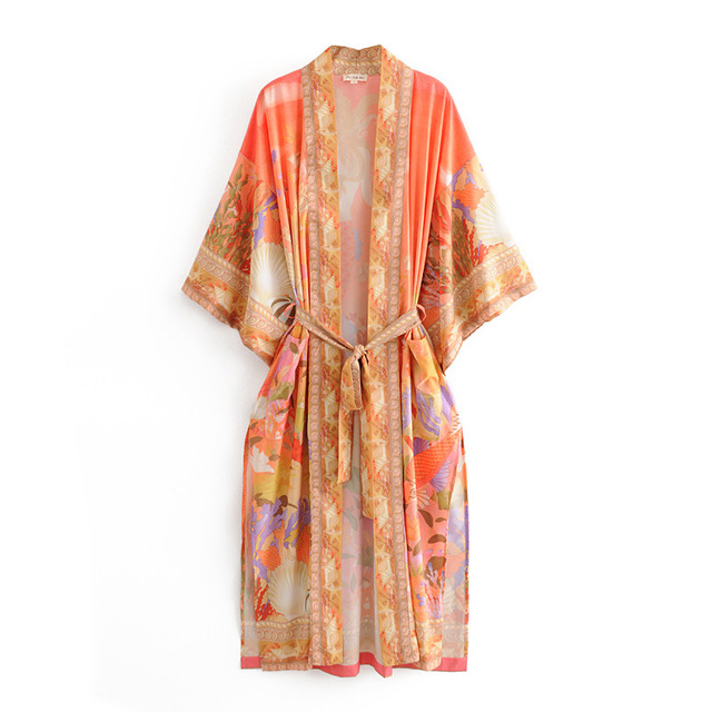 Sukienka wiosenna z kwiatowym wzorem i długim rękawem w stylu luźnej koronki Kimono dla eleganckich kobiet - tanie ubrania i akcesoria