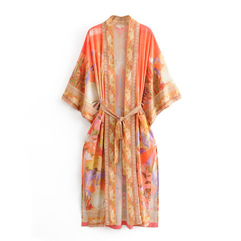 Sukienka wiosenna z kwiatowym wzorem i długim rękawem w stylu luźnej koronki Kimono dla eleganckich kobiet