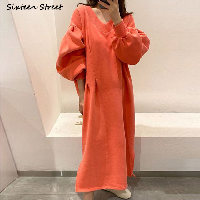 Elegancka sukienka z dekoltem w serek i pomarańczowym swetrem na jesień 2021 - Vestido Korean Fashion - tanie ubrania i akcesoria