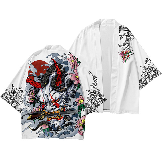 Białe koszulki damskie i męskie kimono kardigan, przycięte spodnie Hannya Demon - letnie japońskie Kimono - tanie ubrania i akcesoria