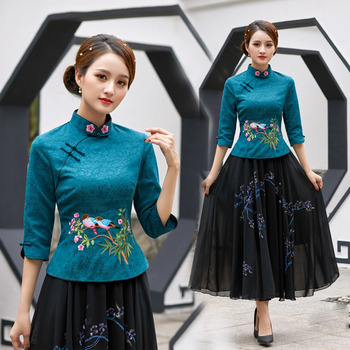 Zestaw ubrań dla puszystych - Bluzka Qipao 5XL, zestaw z wyszywanym haftem w chińskim stylu - Bluzka Cheongsam Hanfu Lady