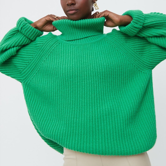 Sweter kaszmirowy z golfem, zielony, damska jesienno-zimowa dzianina, luźny, miękki, nadwymiarowy, 2021 - tanie ubrania i akcesoria