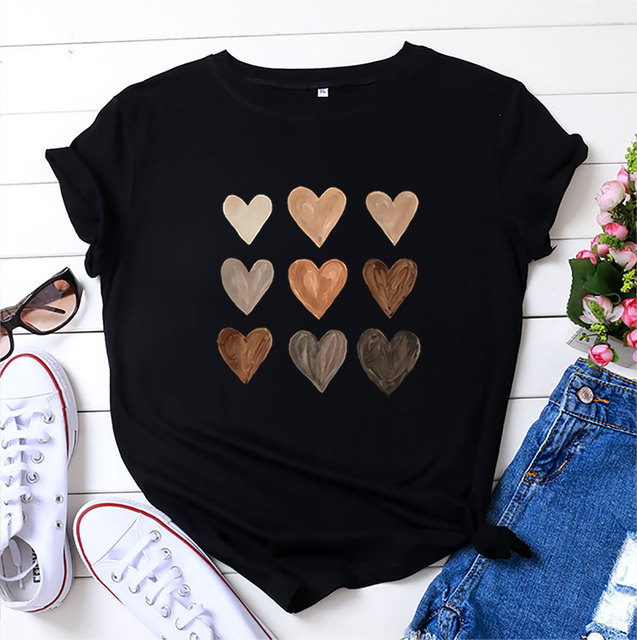 Koszula damska Plus Size z czarną dziewczyną magicznym wzorem serca i napisem BLM na krótkim rękawie - tanie ubrania i akcesoria