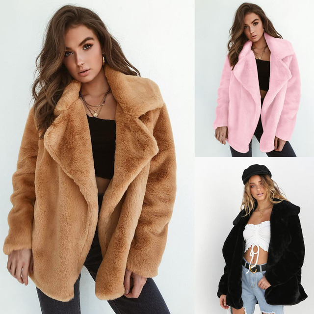 Miękki płaszcz pluszowy zimowy dla popularnych kobiet, w kolorach różowym, czarnym i jasnobrązowym, z futrzanym skręconym w dół kołnierzem - tanie ubrania i akcesoria