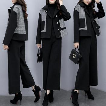 Nowy wełniany płaszcz zimowy damski w rozmiarze Plus z szerokimi nogawkami spodniami - Casual Fashion dwuczęściowy garnitur