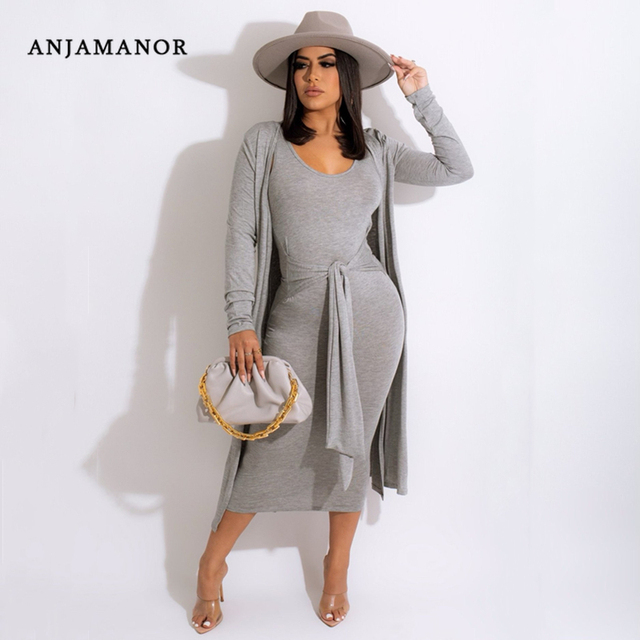 Eleganckie sweterkowe garsonki: ANJAMANOR długorękawowa, jednoczęściowa sukienka bodycon, zestaw 2 sztuki, jesień/zima (D30-DI53) - tanie ubrania i akcesoria