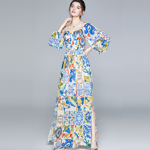 Sukienka retro w stylu wiosna/jesień 2020 dla kobiet - wysoka jakość, niebieski kolor, porcelanowy nadruk, elegancki, długi, nieregularny brzeg - idealna na imprezę - tanie ubrania i akcesoria