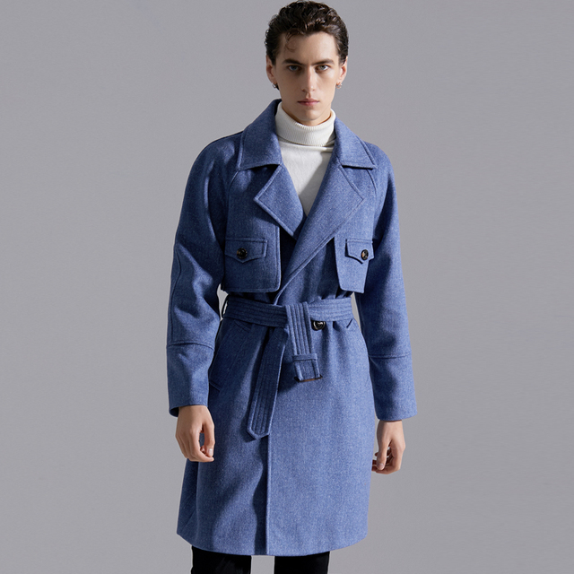Męski płaszcz wełniany do kolan, europejska moda jesień/zima 2021, kolor niebieski Haze - tanie ubrania i akcesoria