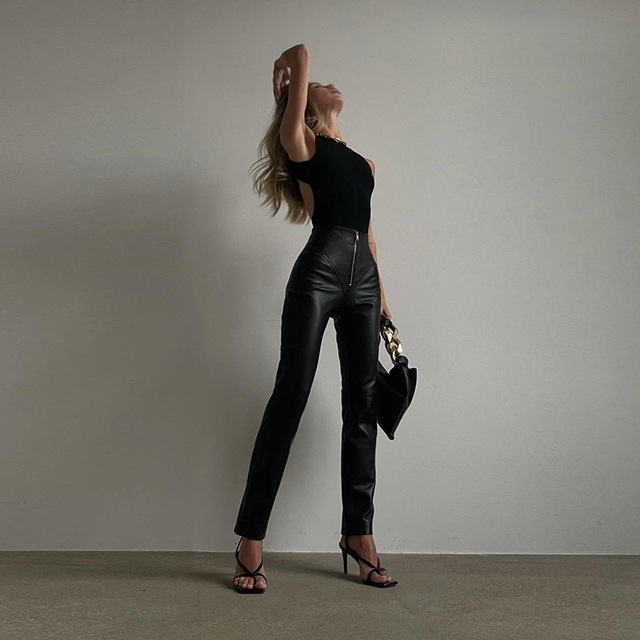 Spodnie capri damskie GBVLGAR ze stretchem, czarne, wysoka talia, proste spodnie skórzane z zamkiem, solidne, w casualowym stylu streetwear - tanie ubrania i akcesoria