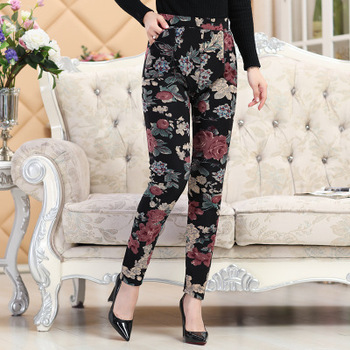 Aksamitne legginsy jesienne i zimowe, plus-size, kwiatowy wzór, ciepłe spodnie damskie
