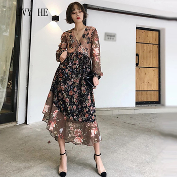 Luźna letnia sukienka damska IVY HE z dużym printem kwiatowym, wykonana z wysokiej jakości jedwabnego szyfonu, w stylu wakacyjnym - moda 2021