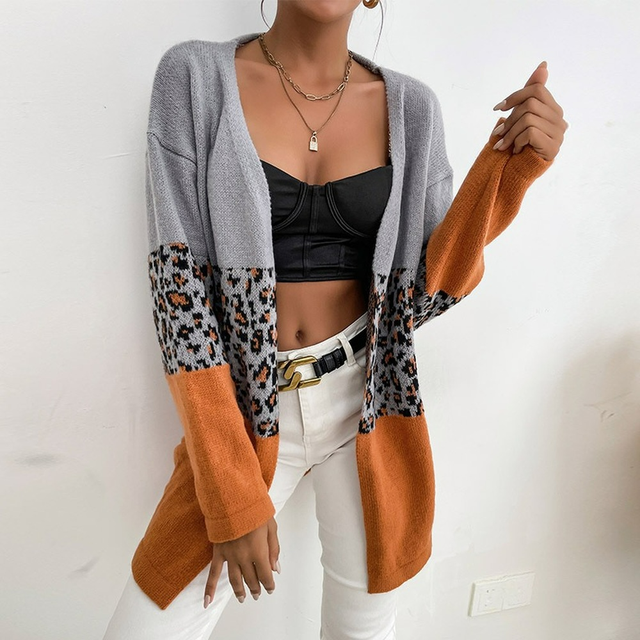 Sweter damski w stylu Leopard Color Block, w kolorze szarym, idealny na jesień i wiosnę, z długim rękawem i prostym dzianinowym płaszczem Kitwear, rok 2021 - tanie ubrania i akcesoria