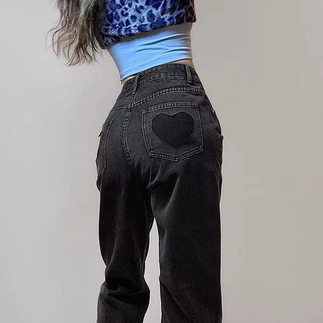 Nowe czarne dżinsy damskie Y2K z wysokim stanem, gradientowym wzorem, luźną, szeroką nogawką - tanie ubrania i akcesoria