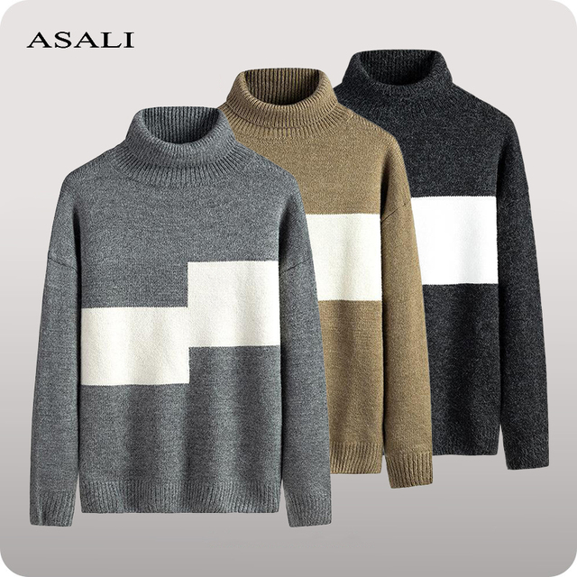 Męski zimowy sweter z golfem - ciepły, patchworkowy, idealny na 2021 rok, o wąskim kroju i sportowym charakterze - tanie ubrania i akcesoria