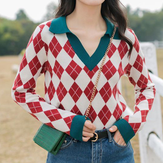 Sweter damski z dzianiny jesień 2021 - koreański styl, długi rękaw, V-wycięcie, pod szyją - moda zimowa - tanie ubrania i akcesoria