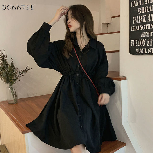 Sukienka koreańskiego stylu z elastycznym pasem - czarny, prosty, letni, Vintage, z latarnią rękawem - tanie ubrania i akcesoria