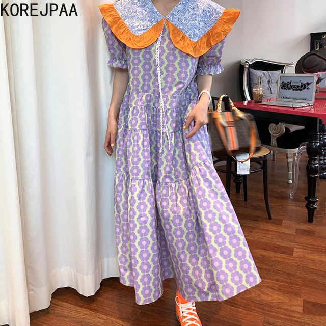 Suknia koreańskiego stylu dla kobiet na lato 2021 z kontrastowymi klapami i bufiastymi, kwiatowymi rękawami - tanie ubrania i akcesoria