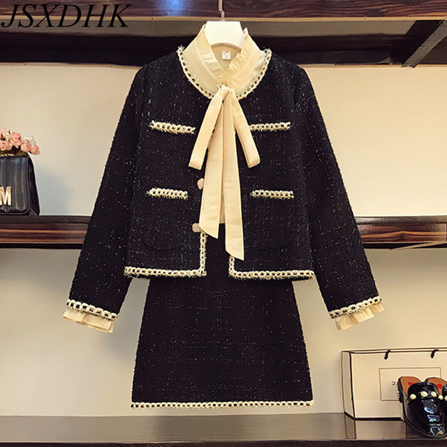 Elegancki, dwuczęściowy tweedowy zestaw zimowy dla kobiet - kurtka płaszcz z pojedynczym łuszczem + rozmiar Plus, wełniane komplety spódniczek linii - tanie ubrania i akcesoria