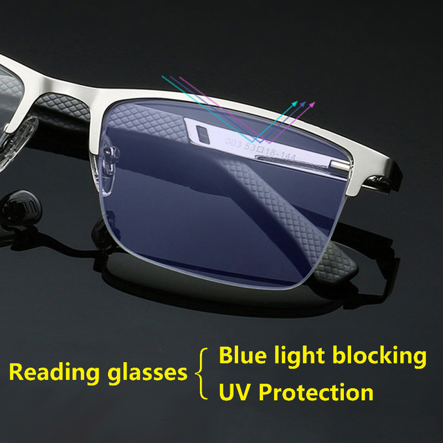 Okulary do czytania blokujące niebieskie światło, ochrona UV, pół-ramki metalowe - tanie ubrania i akcesoria