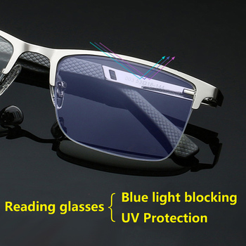 Okulary do czytania blokujące niebieskie światło, ochrona UV, pół-ramki metalowe