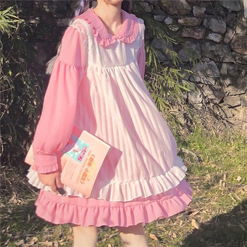 Słodka różowa sukienka gotycka z falbaną w stylu vintage dla dziewczyn w stylu Lolita